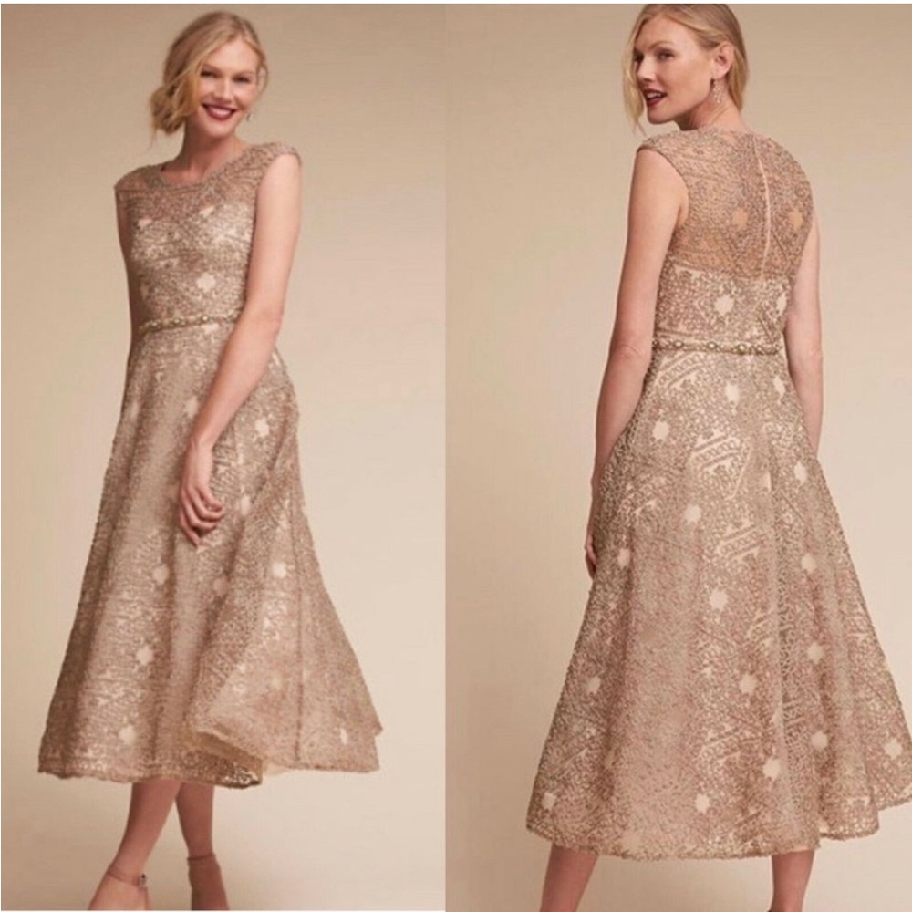 BHLDN Sara Emanuel Presley Geometric Dress Size 8 Tan Midi.